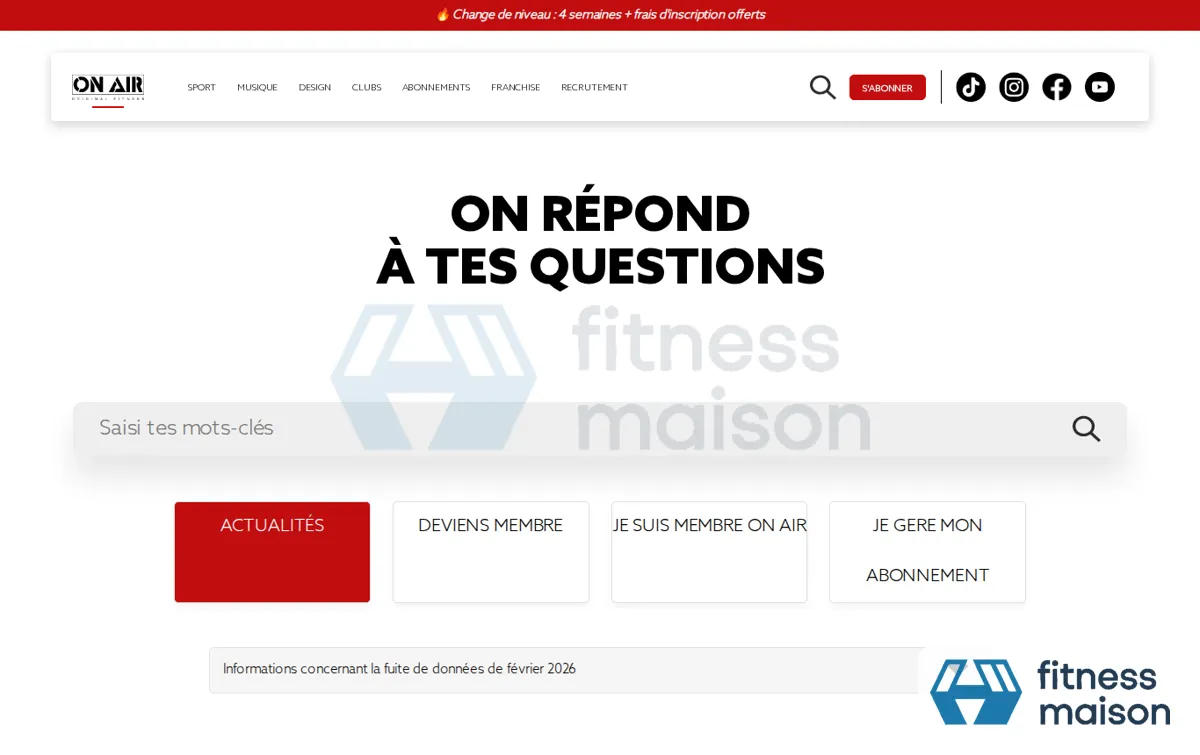 Capture : ON AIR FITNESS - FAQ - Salle de sport